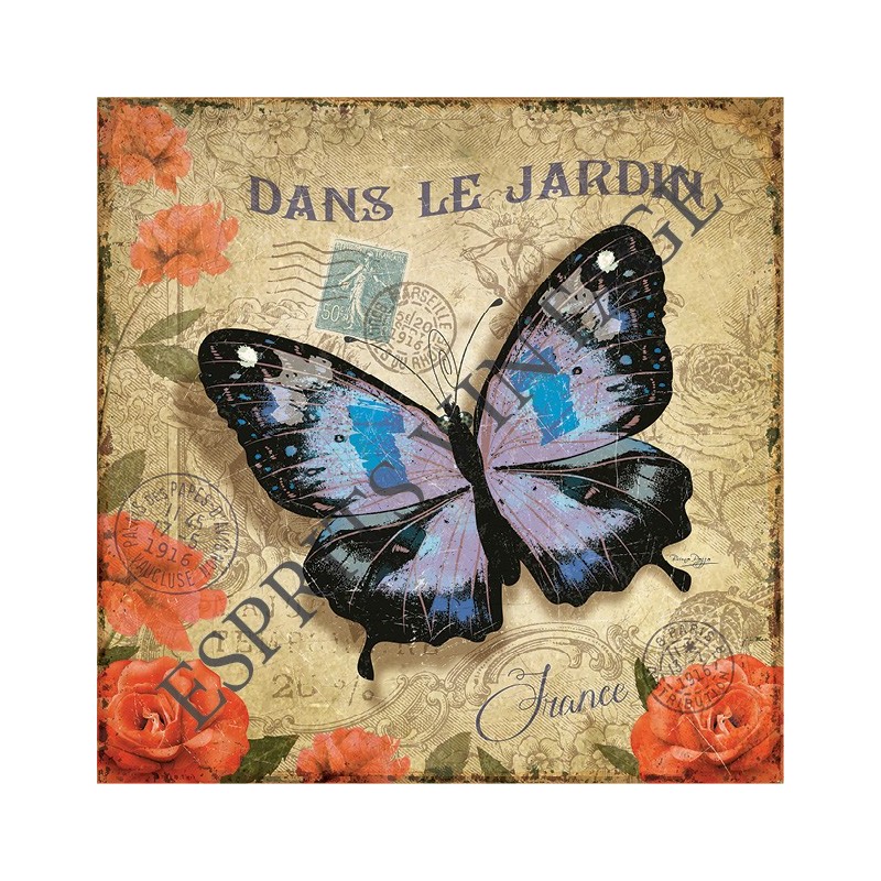 Plateau métal 18 x 24 cm papillon bleu dans son jardin de rose