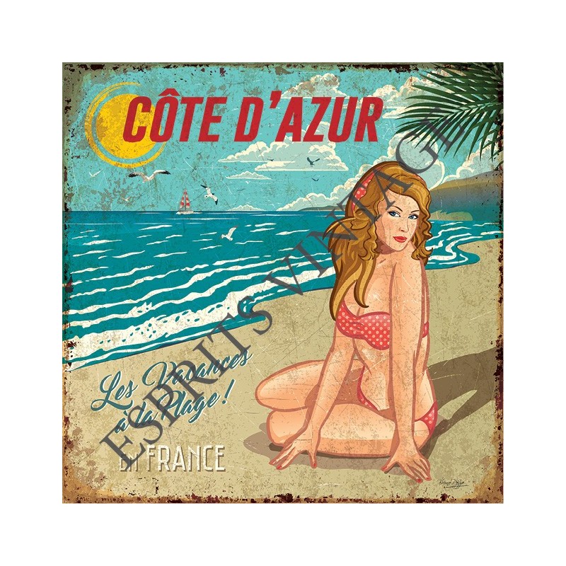 Plateau métal 18 x 24 cm pin-up vintage sur une plage de cote d'azur