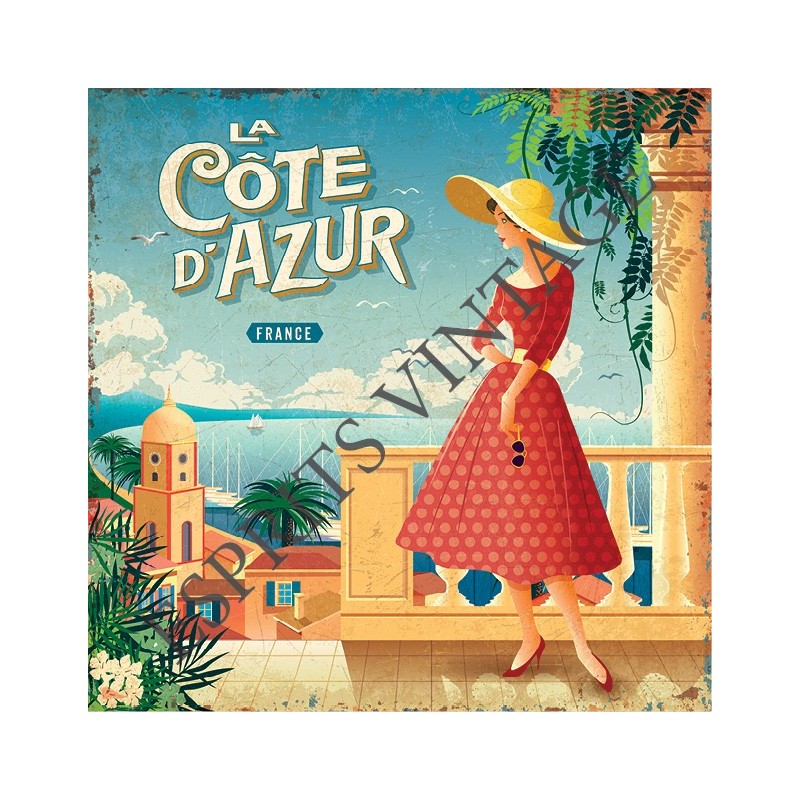 Plateau métal 18 x 24 cm opin-up en robe rouge sur la cote d'azur
