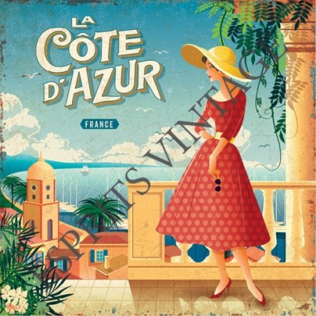 Dessous de plat 20x20 cm pin-up en robe rouge sur la cote d'azur