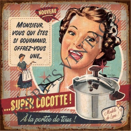 Plaque métal 19 x 19 cm une publicité par une pin-up vintage pour une  cocotte - Esprits Vintage