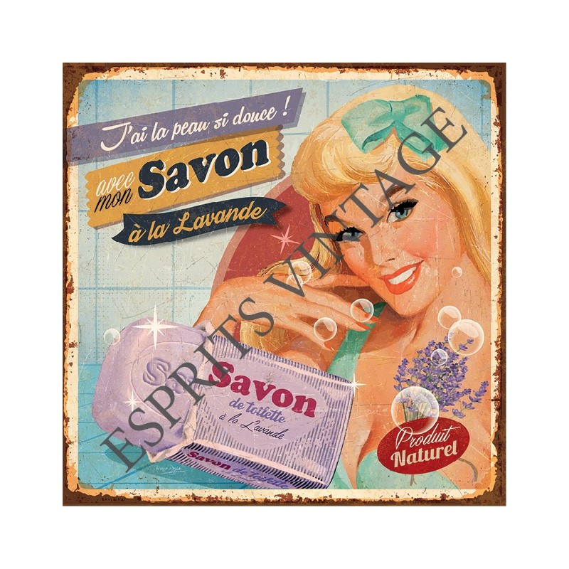 Plaque métal 19x19 19 x 19 cm affiche publicitaire de pin-up pour du savon provencale