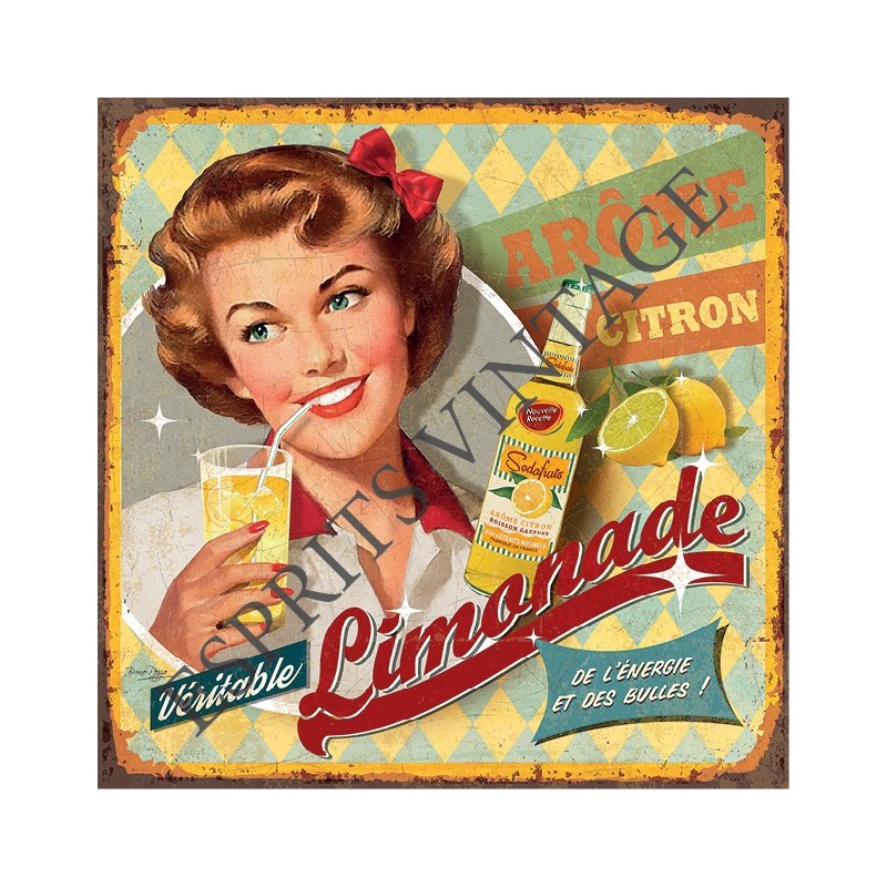 Plaque métal 19 x 19 cm annonce publicitaire pin-up pour de la limonade -  Esprits Vintage