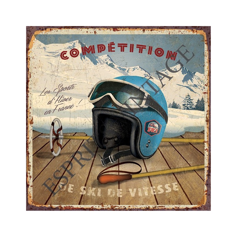 Plaque métal 19x19 19 x 19 cm casque de ski et baton sur une terasse à la montagne