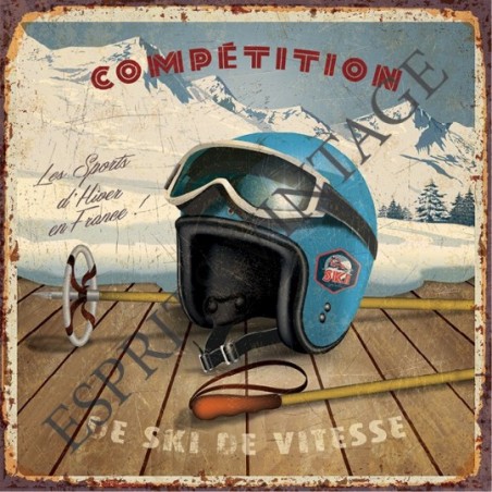 Plaque métal 19x19 19 x 19 cm casque de ski et baton sur une terasse à la montagne