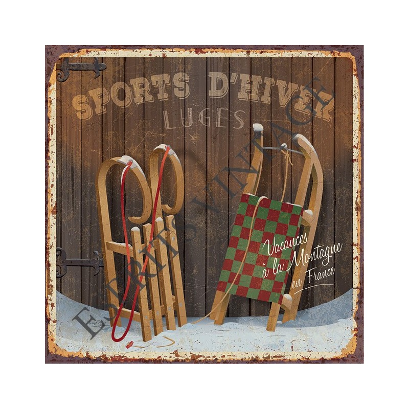 Plaque métal 19x19 19 x 19 cm luges de course vintages pour les sports d'hiver
