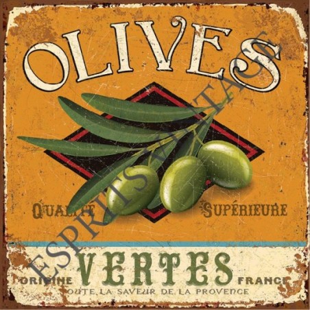 Plaque métal 19x19 19 x 19 cm olives vertes qualité superieure fond orange