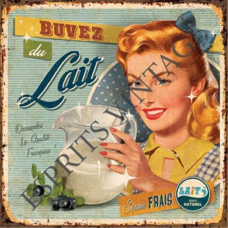 Plaque métal 19x19 19 x 19 cm réclame avec pin-up qui encourage à boire du lait