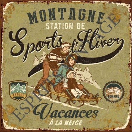 Plaque métal 19x19 19 x 19 cm sports d'hiver vacances en famille