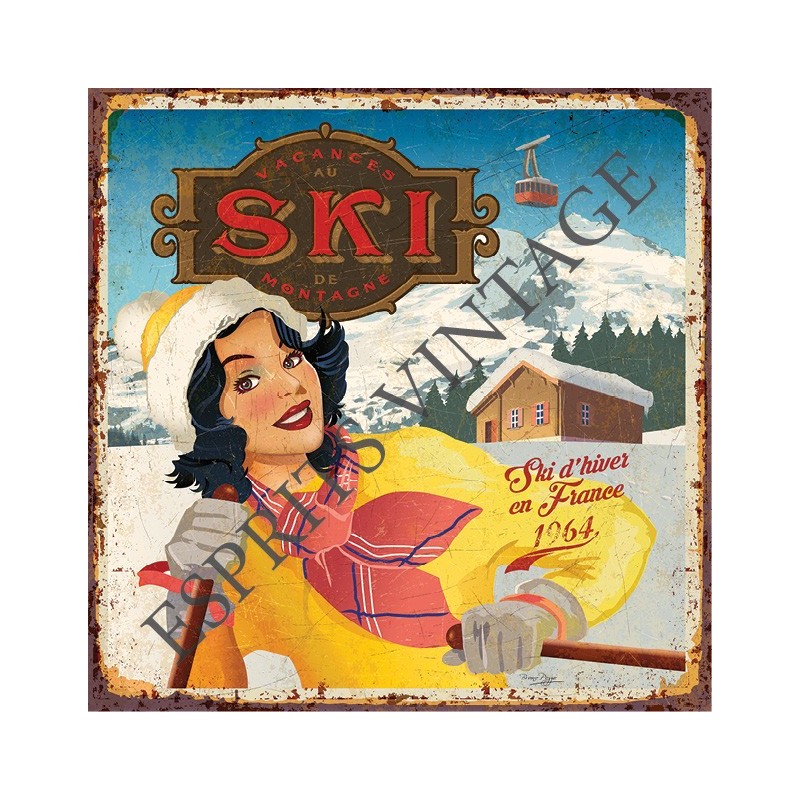 Plaque métal 19x19 19 x 19 cm pin-up ski combinaison jaune