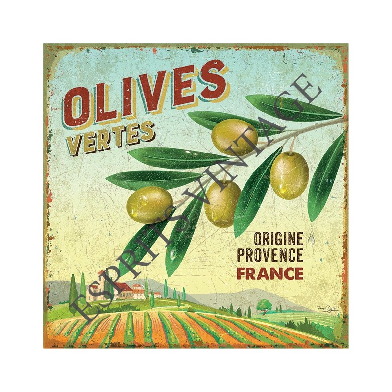 Plaque métal 19x19 19 x 19 cm branche d'olivier de provence et ses olives vertes
