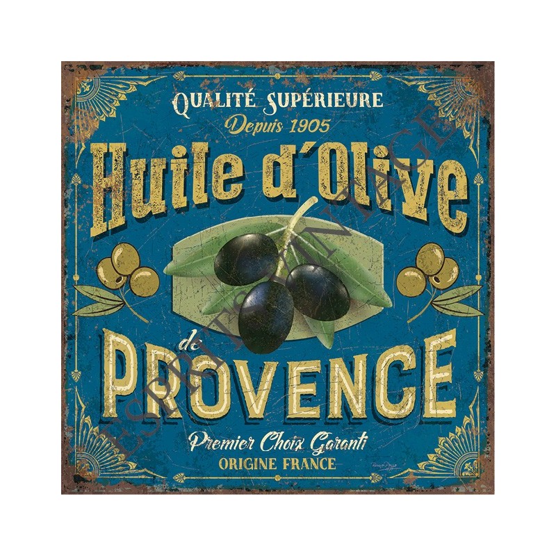Plaque métal 19x19 19 x 19 cm huile d'olive vintage de provence fon bleu