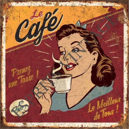 Plaque métal 29x29 19 x 19 cm annonce publicitaire par une pin-up pour du café