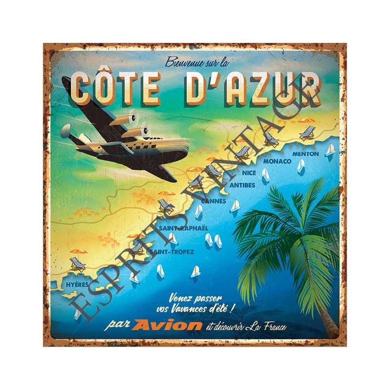 Plaque métal 19x19 19 x 19 cm cote d'azur survolé par un avion touristique