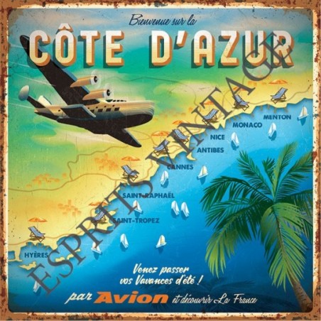 Plaque métal 19x19 19 x 19 cm cote d'azur survolé par un avion touristique