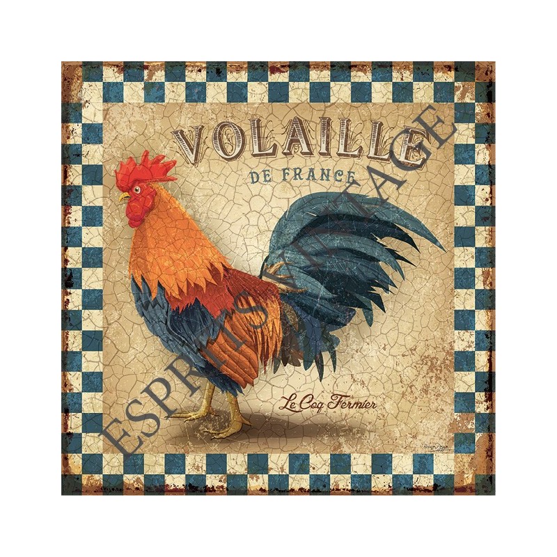 Plaque métal 29x29 29 x 29 cm le coq fermier damier bleu