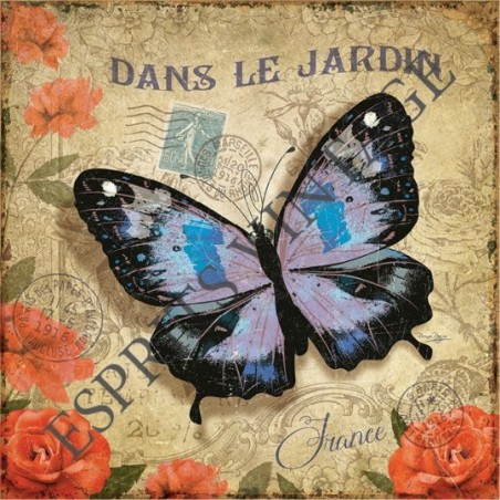 Plaque métal 29x29 29 x 29 cm papillon bleu dans son jardin de rose