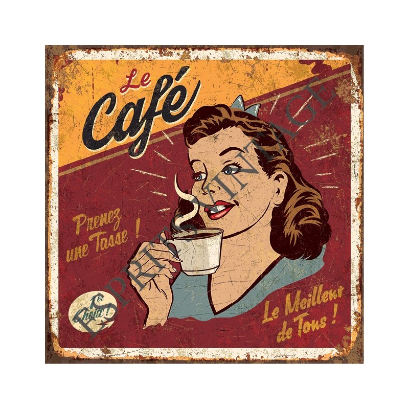 Plaque métal 29x29 29 x 29 cm annonce publicitaire par une pin-up pour du café