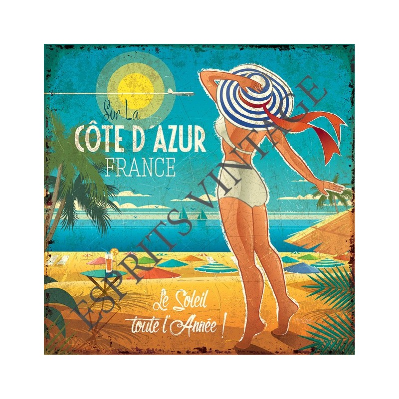 Décapsuleur 12 x 30 cm pin-up chapeau rayures bleues sous grand soleil cote d'azur